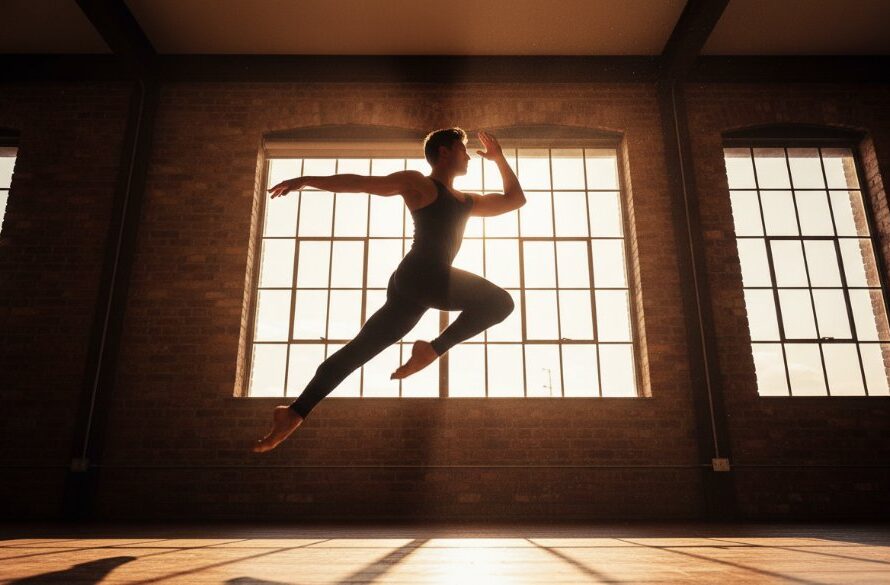 A stunning wide-angle shot showcasing captivating dance photography in Delacombe Victoria, featuring a male contemporary dancer mid-air in a powerful leap against a dramatically lit, industrial-style studio backdrop in Delacombe, capturing an epic moment of athletic grace and artistic expression with dynamic motion blur.