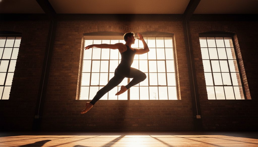 A stunning wide-angle shot showcasing captivating dance photography in Delacombe Victoria, featuring a male contemporary dancer mid-air in a powerful leap against a dramatically lit, industrial-style studio backdrop in Delacombe, capturing an epic moment of athletic grace and artistic expression with dynamic motion blur.