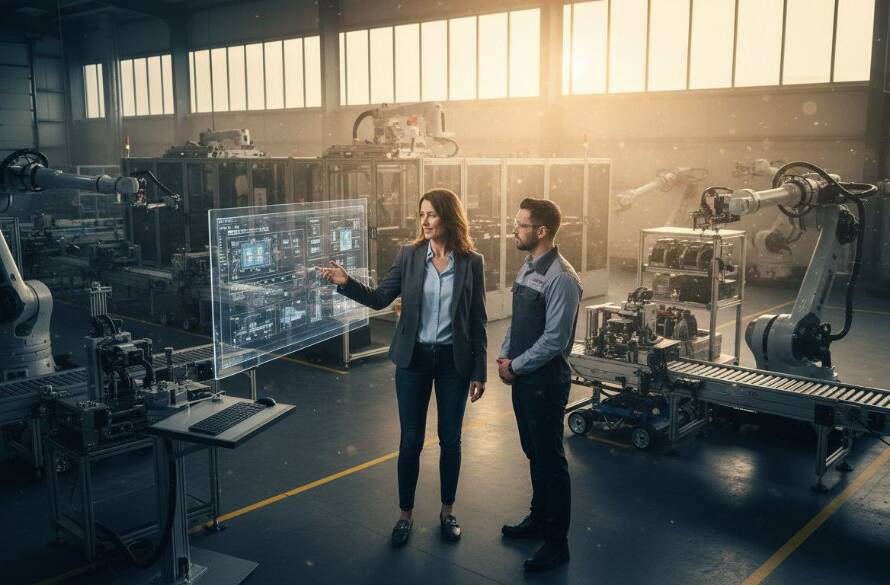 An 'epic moment' photograph capturing a key figure in a modern factory setting, bathed in dramatic light, embodying the essence of captivating Dandenong South industrial editorial photography stories.