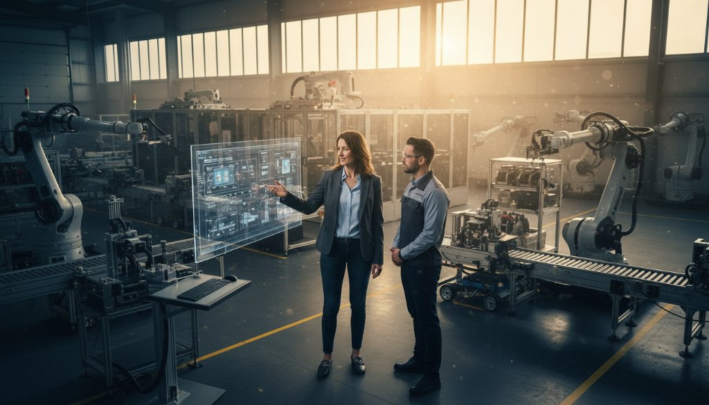 An 'epic moment' photograph capturing a key figure in a modern factory setting, bathed in dramatic light, embodying the essence of captivating Dandenong South industrial editorial photography stories.