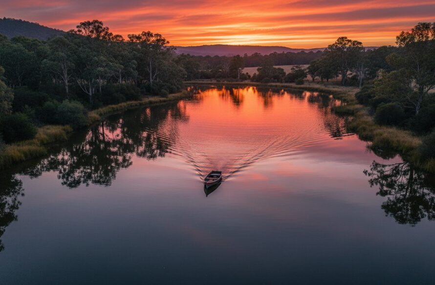 An epic moment captured with captivating drone photography Canadian Victoria, showcasing the vibrant autumn colours around Canadian Lakes at sunset, with a golden light illuminating the serene landscape.