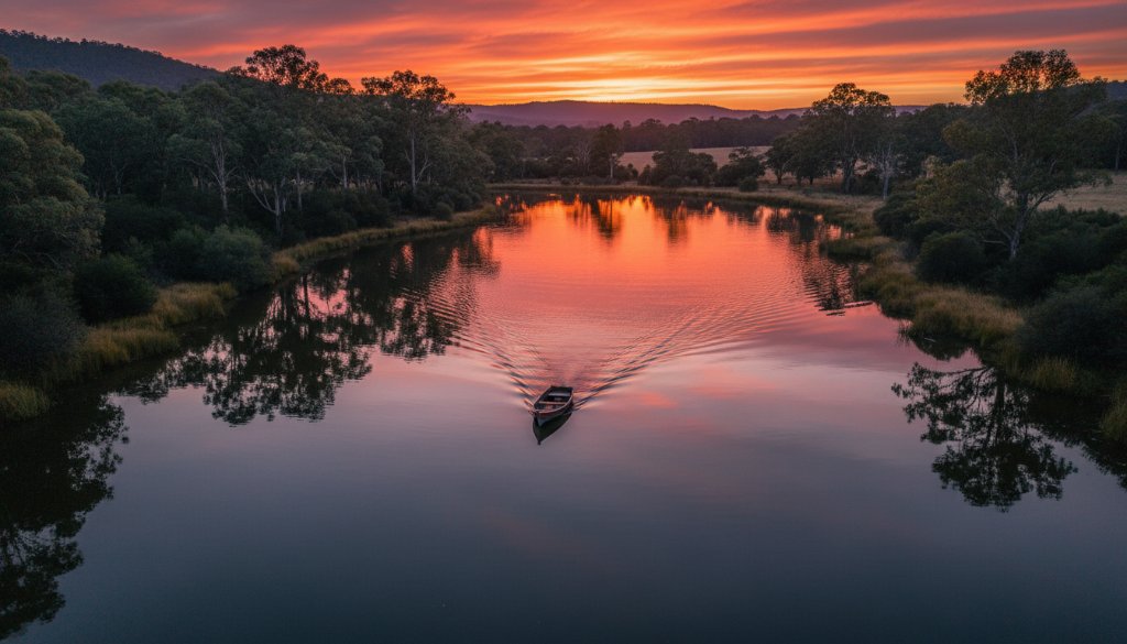 An epic moment captured with captivating drone photography Canadian Victoria, showcasing the vibrant autumn colours around Canadian Lakes at sunset, with a golden light illuminating the serene landscape.
