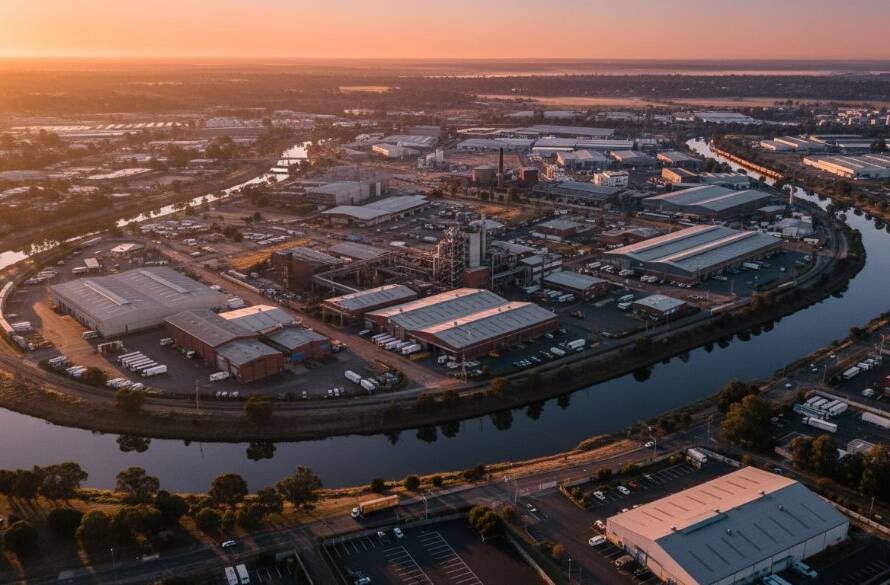 Epic aerial shot showcasing the vast industrial landscapes of Sunshine North at dawn, with the Maribyrnong River winding through, captured with captivating drone photography Sunshine North industrial landscapes, evoking a sense of scale and potential.