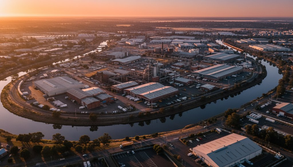 Epic aerial shot showcasing the vast industrial landscapes of Sunshine North at dawn, with the Maribyrnong River winding through, captured with captivating drone photography Sunshine North industrial landscapes, evoking a sense of scale and potential.