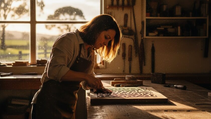A wide-angle, cinematic shot showcasing dynamic Drouin business branding photography for a local artisan, with dramatic lighting highlighting their handcrafted products in a rustic workshop, evoking quality and authenticity.