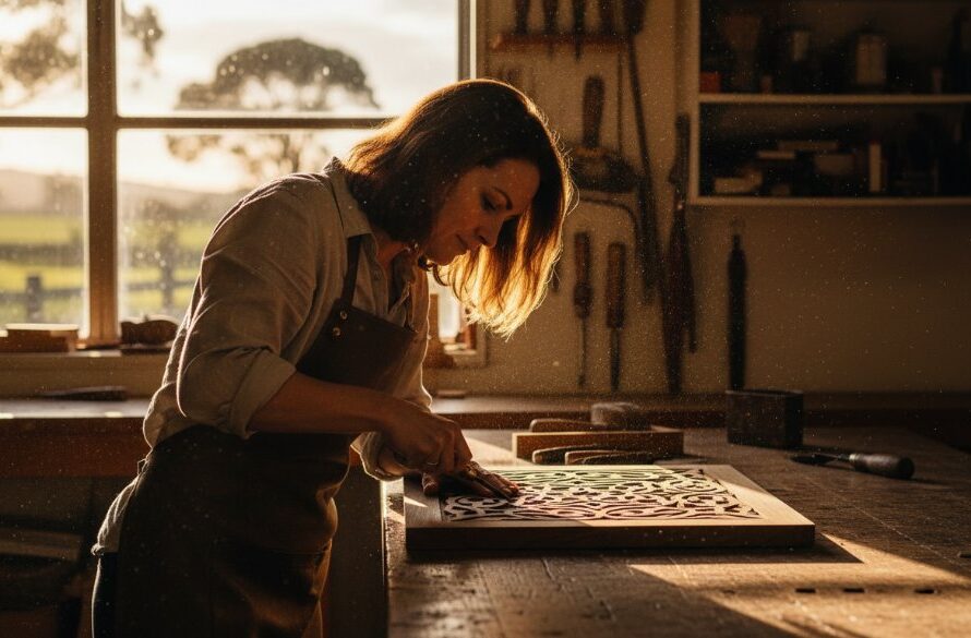 A wide-angle, cinematic shot showcasing dynamic Drouin business branding photography for a local artisan, with dramatic lighting highlighting their handcrafted products in a rustic workshop, evoking quality and authenticity.