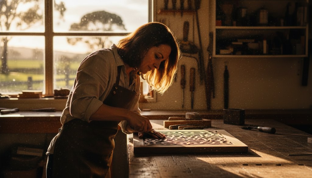 A wide-angle, cinematic shot showcasing dynamic Drouin business branding photography for a local artisan, with dramatic lighting highlighting their handcrafted products in a rustic workshop, evoking quality and authenticity.