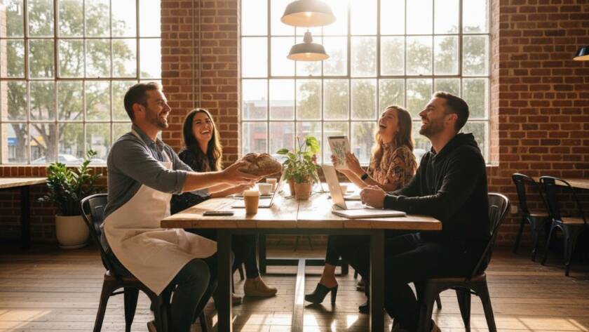 An epic moment captured: a diverse team of Bulleen small business owners collaborating dynamically in a sunlit, modern workspace, showcasing the vibrant community spirit through captivating editorial photography Bulleen small businesses, with professional lighting and rich colour grading.