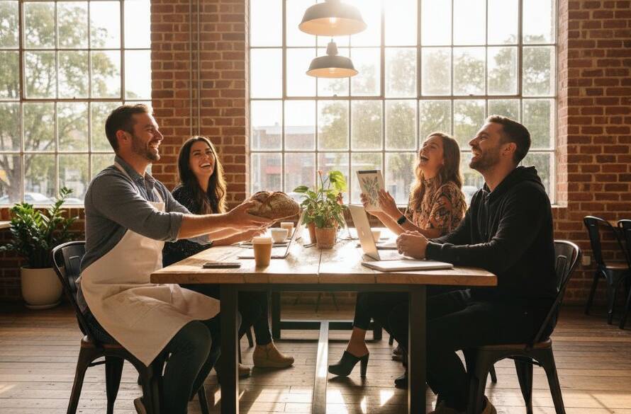 An epic moment captured: a diverse team of Bulleen small business owners collaborating dynamically in a sunlit, modern workspace, showcasing the vibrant community spirit through captivating editorial photography Bulleen small businesses, with professional lighting and rich colour grading.