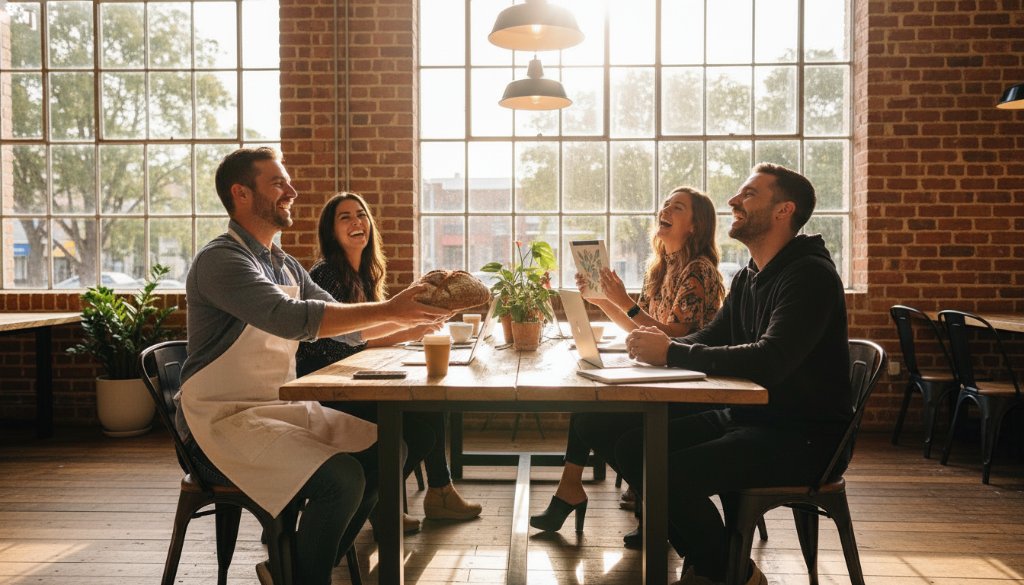 An epic moment captured: a diverse team of Bulleen small business owners collaborating dynamically in a sunlit, modern workspace, showcasing the vibrant community spirit through captivating editorial photography Bulleen small businesses, with professional lighting and rich colour grading.