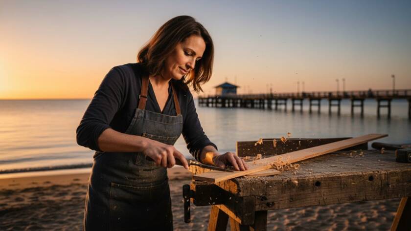 Dramatic golden hour light illuminates a local Frankston artisan passionately at work near the iconic Frankston Pier, a powerful image representing captivating editorial photography Frankston for authentic local stories and community storytelling.