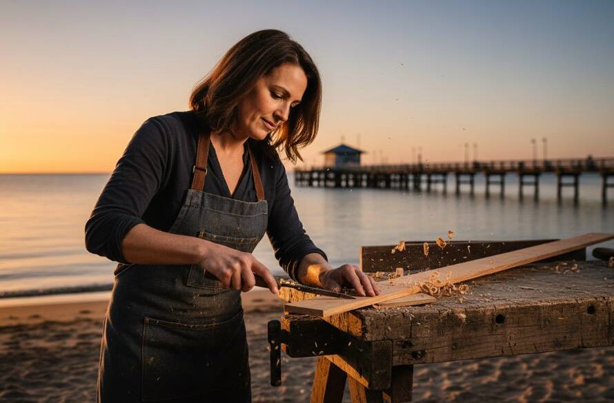 Dramatic golden hour light illuminates a local Frankston artisan passionately at work near the iconic Frankston Pier, a powerful image representing captivating editorial photography Frankston for authentic local stories and community storytelling.