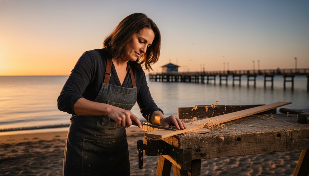 Dramatic golden hour light illuminates a local Frankston artisan passionately at work near the iconic Frankston Pier, a powerful image representing captivating editorial photography Frankston for authentic local stories and community storytelling.