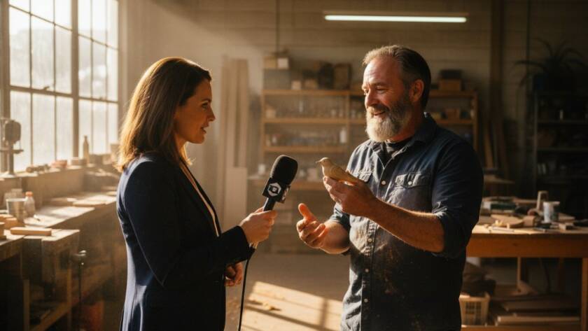 A stunning wide-angle shot capturing a journalist intensely focused on an interview with a local business owner amidst the vibrant Ringwood Town Square, bathed in the warm, golden light of late afternoon, showcasing captivating editorial photography Ringwood storytelling in action.