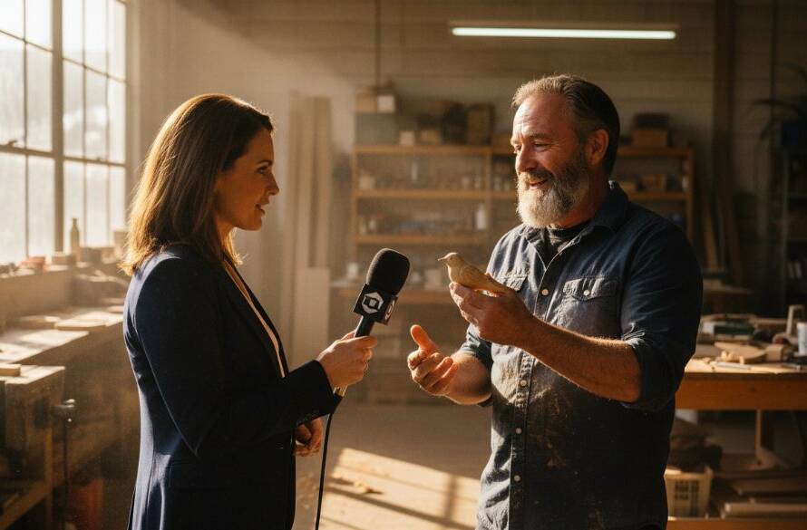 A stunning wide-angle shot capturing a journalist intensely focused on an interview with a local business owner amidst the vibrant Ringwood Town Square, bathed in the warm, golden light of late afternoon, showcasing captivating editorial photography Ringwood storytelling in action.
