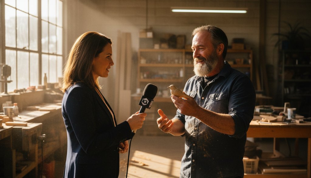 A stunning wide-angle shot capturing a journalist intensely focused on an interview with a local business owner amidst the vibrant Ringwood Town Square, bathed in the warm, golden light of late afternoon, showcasing captivating editorial photography Ringwood storytelling in action.