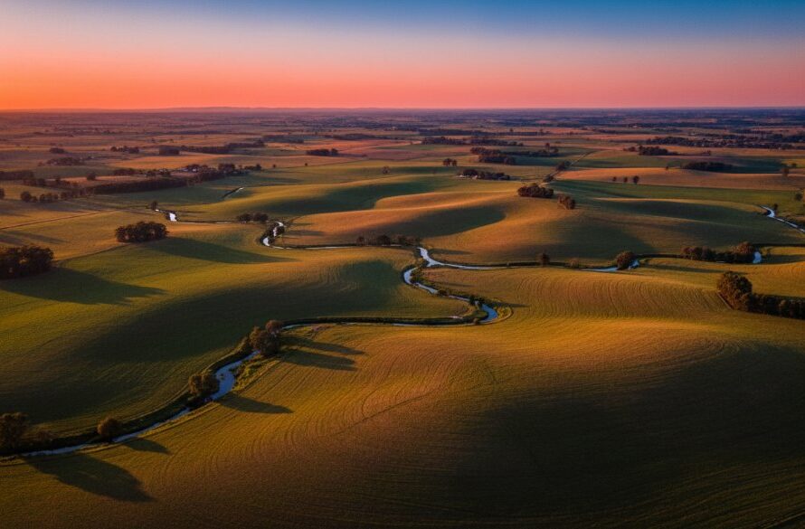 Aerial view capturing the stunning golden hour light over Epsom, Victoria, showcasing the natural beauty of the area with captivating Epsom Victoria drone photography unique angles, featuring rolling hills and a winding creek.