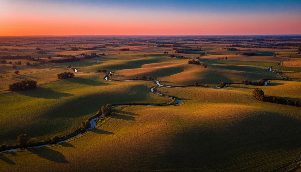 Aerial view capturing the stunning golden hour light over Epsom, Victoria, showcasing the natural beauty of the area with captivating Epsom Victoria drone photography unique angles, featuring rolling hills and a winding creek.