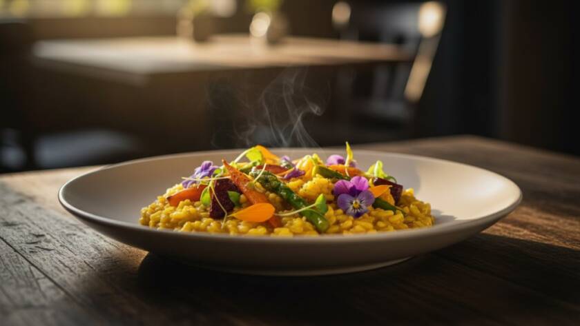 Dramatic, close-up shot of a perfectly plated gourmet dish, possibly a vibrant salad or a decadent dessert, illuminated by warm, directional light, capturing the steam rising delicately from a freshly prepared meal in a stylish Clayton South eatery, showcasing captivating food photography Clayton South eateries with professional elegance.