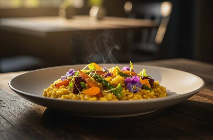 Dramatic, close-up shot of a perfectly plated gourmet dish, possibly a vibrant salad or a decadent dessert, illuminated by warm, directional light, capturing the steam rising delicately from a freshly prepared meal in a stylish Clayton South eatery, showcasing captivating food photography Clayton South eateries with professional elegance.