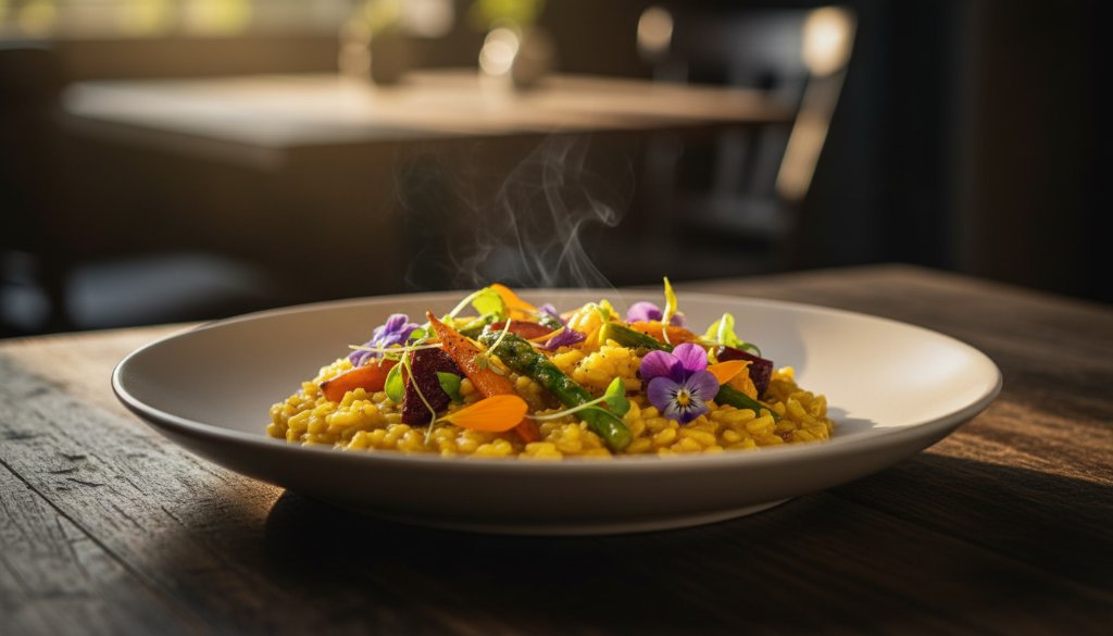 Dramatic, close-up shot of a perfectly plated gourmet dish, possibly a vibrant salad or a decadent dessert, illuminated by warm, directional light, capturing the steam rising delicately from a freshly prepared meal in a stylish Clayton South eatery, showcasing captivating food photography Clayton South eateries with professional elegance.