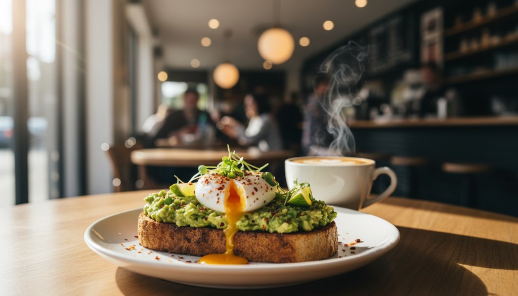 Dynamic, close-up shot of a perfectly plated brunch dish, perhaps avocado toast with a poached egg, steaming gently, on a rustic table inside a sunlit Doncaster East cafe, showcasing the art of captivating food photography Doncaster East cafes need, with warm, inviting colours and a shallow depth of field.