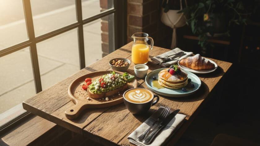 Dramatic overhead shot showcasing beautifully styled brunch dishes and coffee on a rustic timber table in a sunlit Templestowe Lower cafe, highlighting the captivating food photography Templestowe Lower cafes can achieve with vibrant colours and textures.