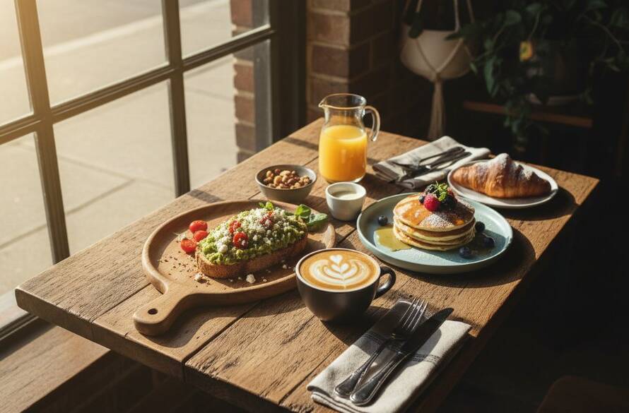 Dramatic overhead shot showcasing beautifully styled brunch dishes and coffee on a rustic timber table in a sunlit Templestowe Lower cafe, highlighting the captivating food photography Templestowe Lower cafes can achieve with vibrant colours and textures.