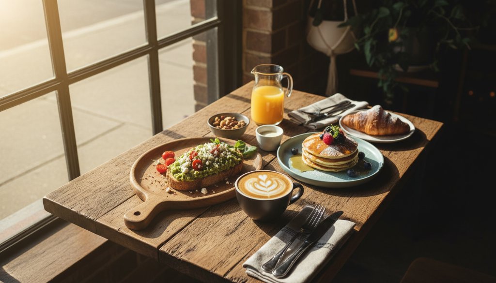 Dramatic overhead shot showcasing beautifully styled brunch dishes and coffee on a rustic timber table in a sunlit Templestowe Lower cafe, highlighting the captivating food photography Templestowe Lower cafes can achieve with vibrant colours and textures.