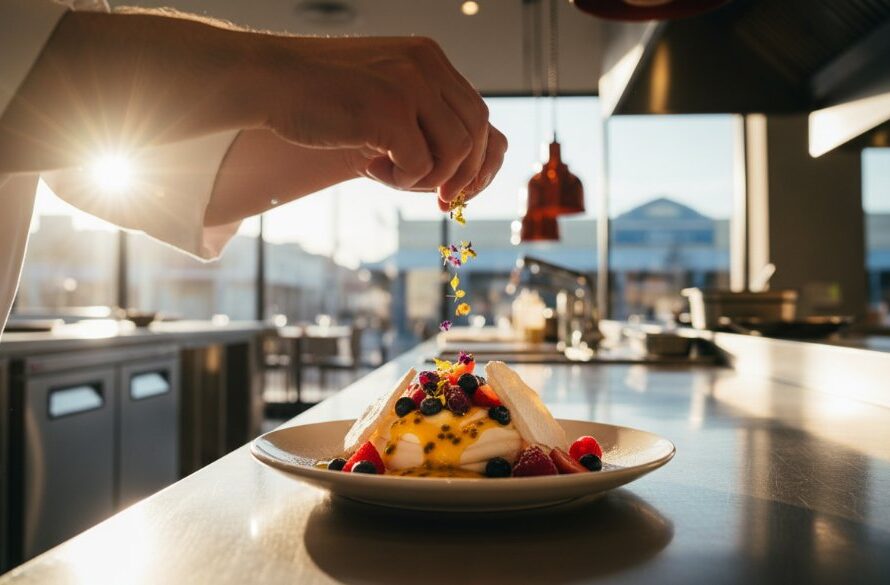 Dramatic, close-up shot of a perfectly plated gourmet dish, steam rising enticingly, under cinematic lighting in a chic Traralgon restaurant kitchen, showcasing captivating food photography Traralgon Gippsland.
