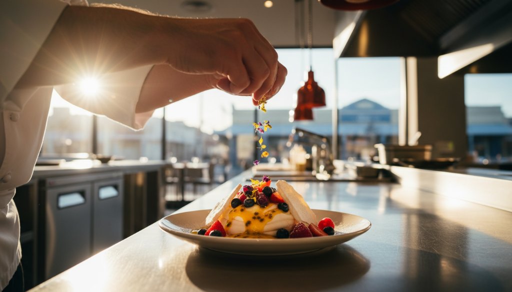 Dramatic, close-up shot of a perfectly plated gourmet dish, steam rising enticingly, under cinematic lighting in a chic Traralgon restaurant kitchen, showcasing captivating food photography Traralgon Gippsland.