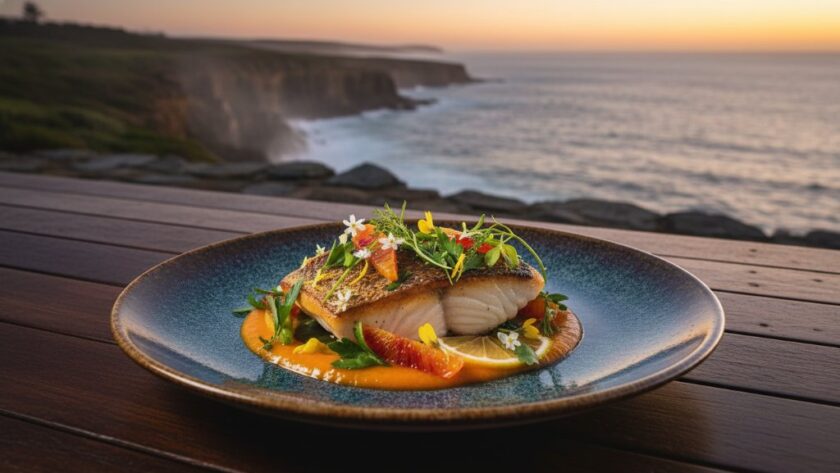 Dramatic, professional photograph showcasing a beautifully plated, locally sourced seafood dish on a rustic timber table at sunset, with the Southern Ocean coastline of Warrnambool visible in the soft background, highlighting captivating food photography Warrnambool local restaurants expertise.