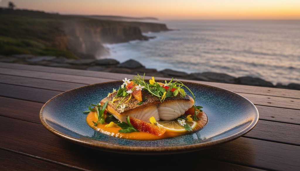Dramatic, professional photograph showcasing a beautifully plated, locally sourced seafood dish on a rustic timber table at sunset, with the Southern Ocean coastline of Warrnambool visible in the soft background, highlighting captivating food photography Warrnambool local restaurants expertise.