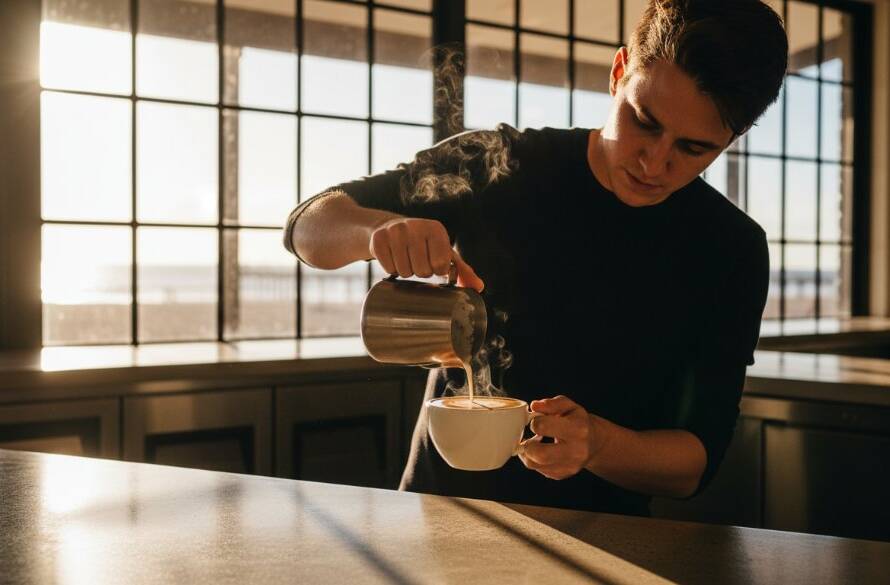 An epic moment captured in Frankston, showcasing a vibrant local cafe interior with a perfectly styled flat white coffee, dramatically lit by morning sun, emphasizing the captivating Frankston advertising photography for local business campaigns.