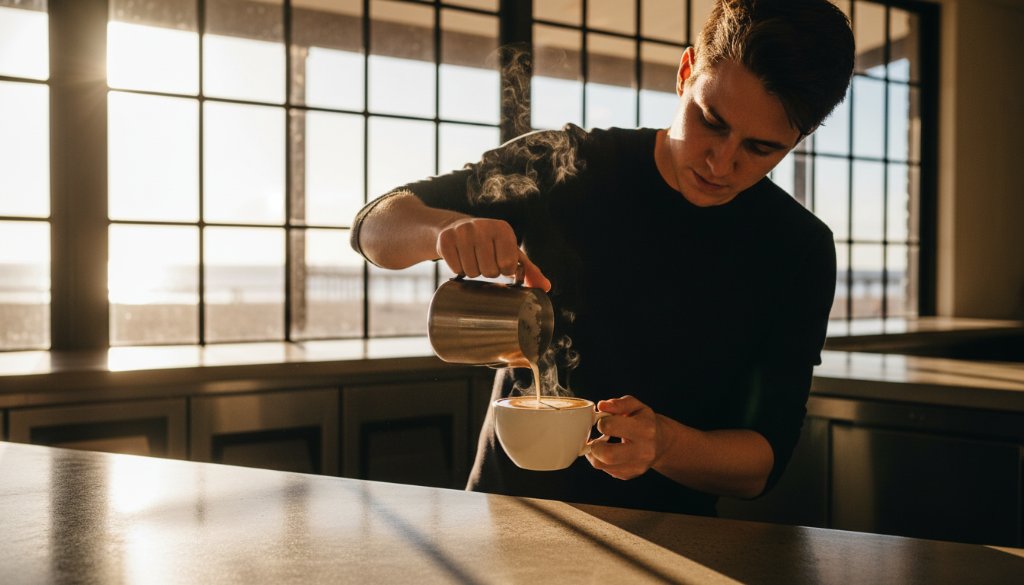 An epic moment captured in Frankston, showcasing a vibrant local cafe interior with a perfectly styled flat white coffee, dramatically lit by morning sun, emphasizing the captivating Frankston advertising photography for local business campaigns.