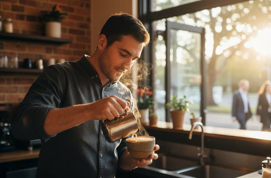 An epic, dramatically lit photograph showcasing a local Malvern cafe's artisanal coffee shot, expertly composed to highlight its rich crema and inviting steam, symbolising captivating Malvern advertising photography for local businesses.