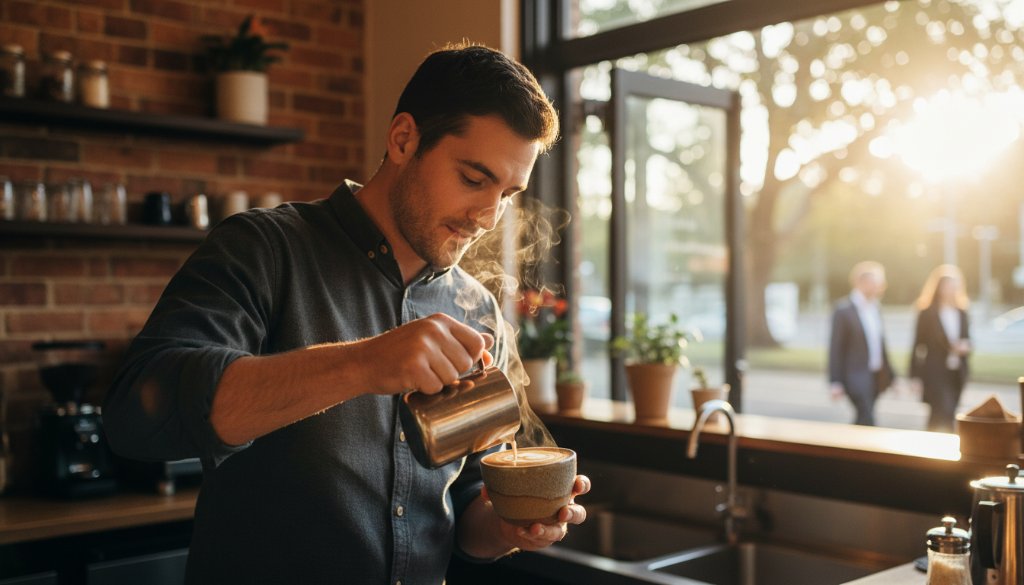 An epic, dramatically lit photograph showcasing a local Malvern cafe's artisanal coffee shot, expertly composed to highlight its rich crema and inviting steam, symbolising captivating Malvern advertising photography for local businesses.