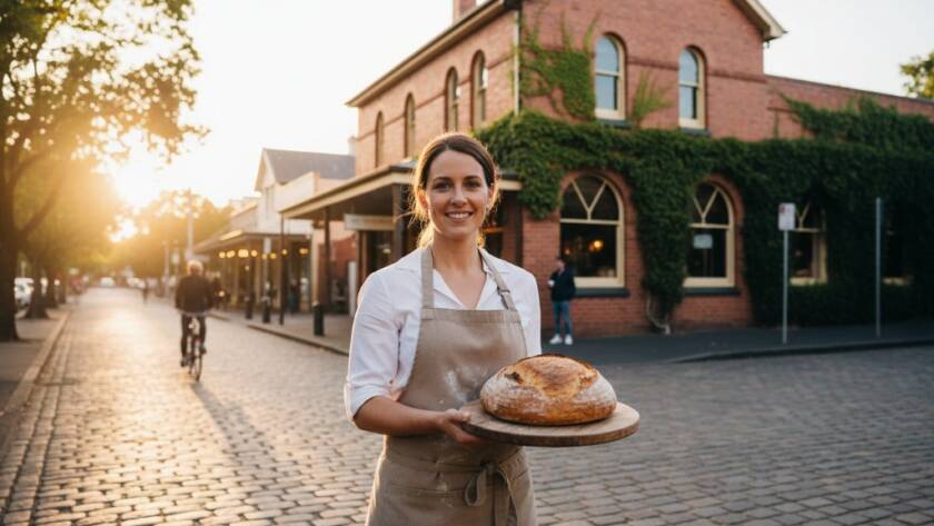 A stunning wide-angle shot showcasing captivating Malvern East advertising photography for brand growth, featuring a local cafe owner proudly presenting a beautifully styled coffee and pastry on a sunny street, dramatic early morning light hitting the scene, professionally color-graded with a warm, inviting tone.