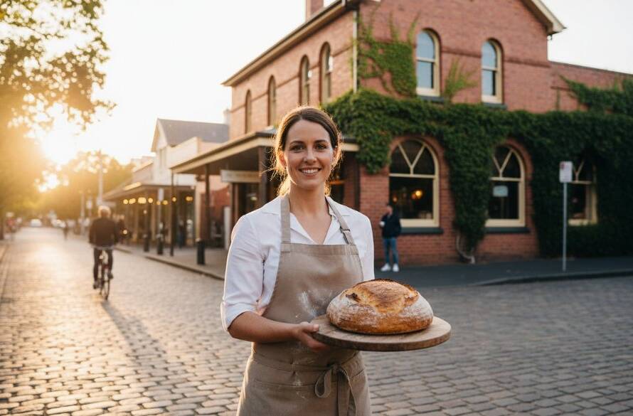 A stunning wide-angle shot showcasing captivating Malvern East advertising photography for brand growth, featuring a local cafe owner proudly presenting a beautifully styled coffee and pastry on a sunny street, dramatic early morning light hitting the scene, professionally color-graded with a warm, inviting tone.
