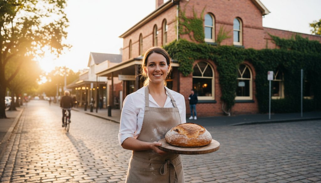 A stunning wide-angle shot showcasing captivating Malvern East advertising photography for brand growth, featuring a local cafe owner proudly presenting a beautifully styled coffee and pastry on a sunny street, dramatic early morning light hitting the scene, professionally color-graded with a warm, inviting tone.