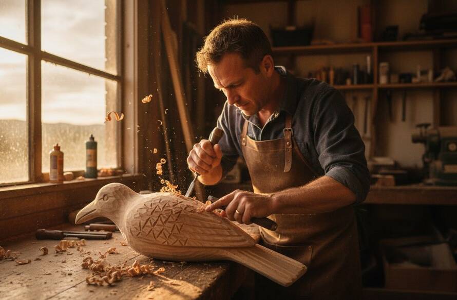 A dynamic, high-angle shot showcasing Captivating Melton Advertising Photography Local Brands Victoria, featuring a local artisan proudly presenting their handcrafted product on a rustic stall at the Melton Botanic Garden market, bathed in golden hour light, with a diverse crowd softly blurred in the background, conveying community and quality.