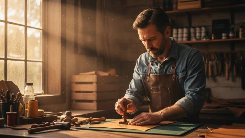 An inspiring wide shot capturing a local artisan passionately crafting a unique piece in a sunlit Mitcham studio, embodying the essence of captivating Mitcham editorial photography for Victoria businesses, with dramatic backlighting and a focused, intense expression.