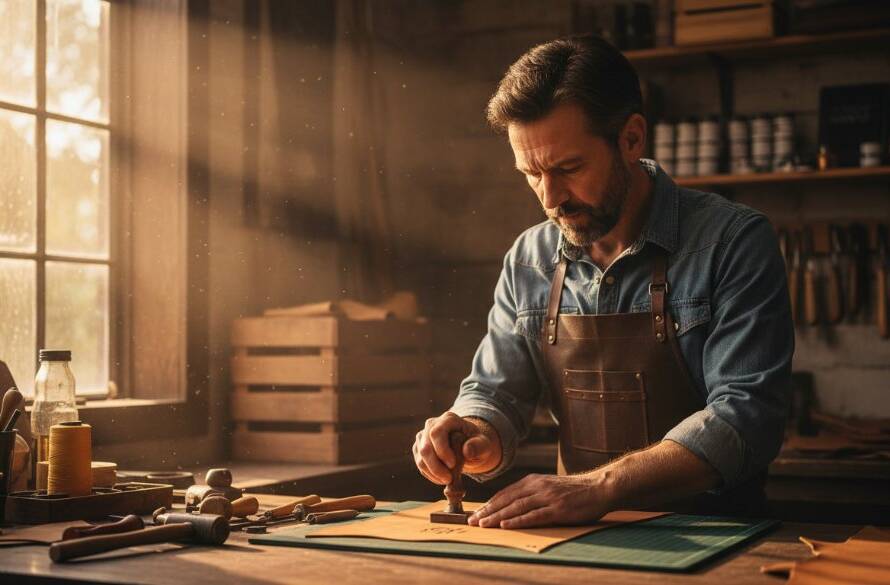 An inspiring wide shot capturing a local artisan passionately crafting a unique piece in a sunlit Mitcham studio, embodying the essence of captivating Mitcham editorial photography for Victoria businesses, with dramatic backlighting and a focused, intense expression.