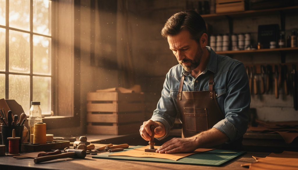 An inspiring wide shot capturing a local artisan passionately crafting a unique piece in a sunlit Mitcham studio, embodying the essence of captivating Mitcham editorial photography for Victoria businesses, with dramatic backlighting and a focused, intense expression.