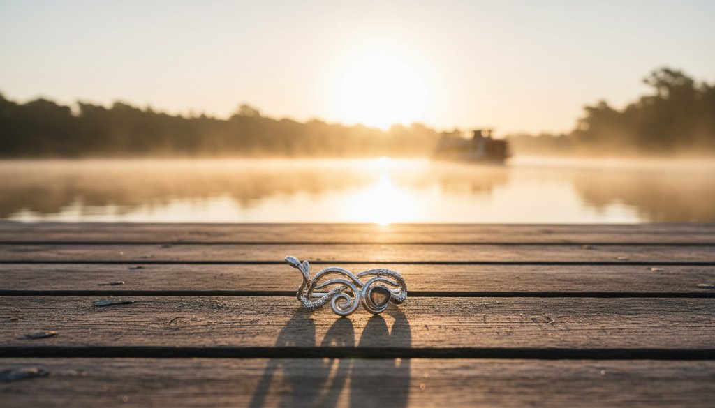 Dramatic wide shot capturing a local artisan's handcrafted product bathed in golden hour light by the Murray River in Moama, exemplifying captivating Moama advertising photography for local brands.