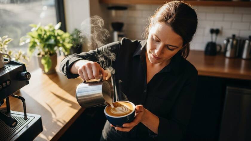 An energetic Murrumbeena cafe owner proudly presents a freshly brewed coffee, bathed in warm morning light, showcasing captivating Murrumbeena advertising photography local businesses, evoking a sense of community and quality.