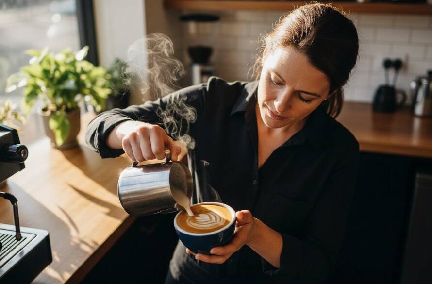 An energetic Murrumbeena cafe owner proudly presents a freshly brewed coffee, bathed in warm morning light, showcasing captivating Murrumbeena advertising photography local businesses, evoking a sense of community and quality.
