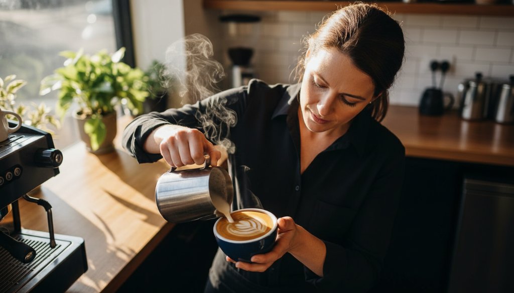 An energetic Murrumbeena cafe owner proudly presents a freshly brewed coffee, bathed in warm morning light, showcasing captivating Murrumbeena advertising photography local businesses, evoking a sense of community and quality.