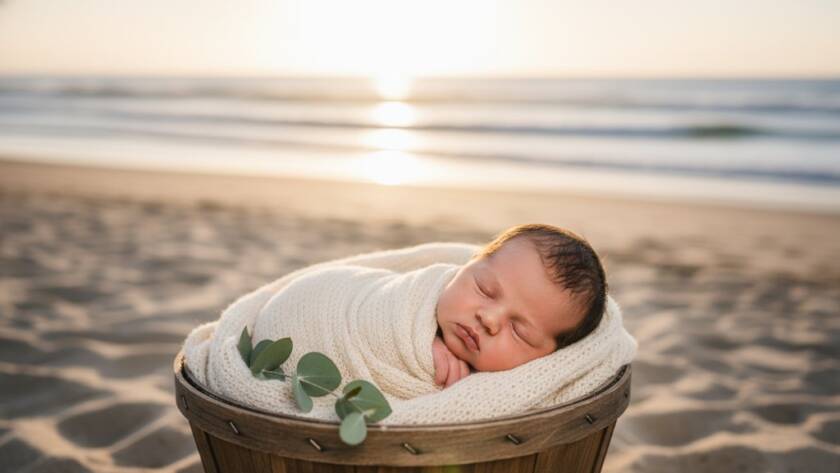 A breathtaking, professionally color-graded photograph capturing an adorable newborn baby peacefully swaddled on a soft, textured blanket, with the gentle, diffused light of a beautiful Parkdale beach sunrise softly illuminating the scene, creating a serene and epic moment of new life.