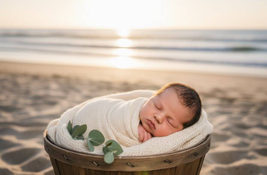 A breathtaking, professionally color-graded photograph capturing an adorable newborn baby peacefully swaddled on a soft, textured blanket, with the gentle, diffused light of a beautiful Parkdale beach sunrise softly illuminating the scene, creating a serene and epic moment of new life.